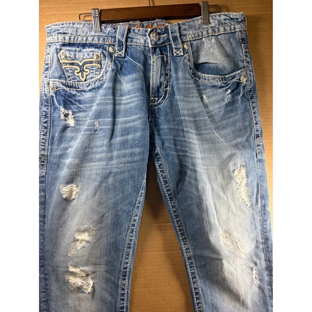 Rock Revival Richie Slim Straight Jeans Mens 34 Blue Distressed Thick Stitch